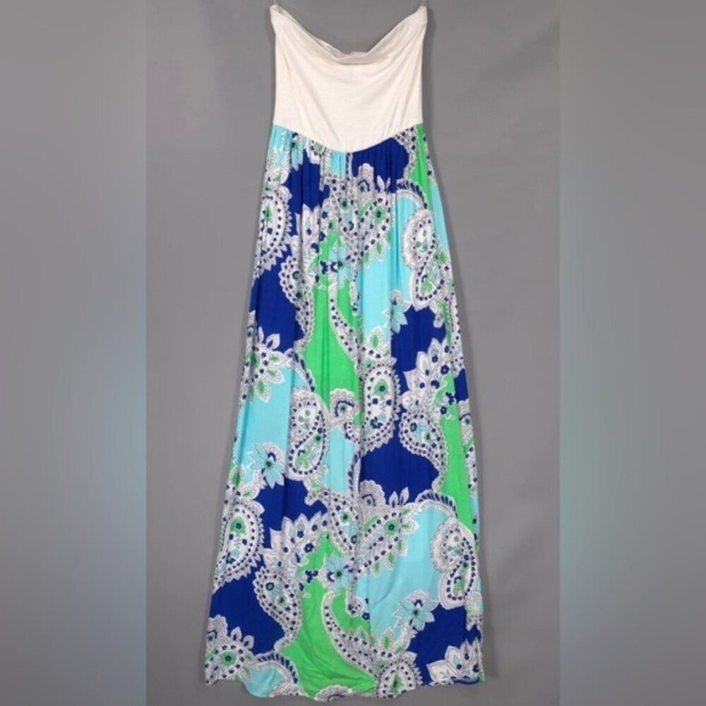 Francesca’s Collection Women’s Strapless Maxi Dress SMALL Paisley Blue‎ USA MADE